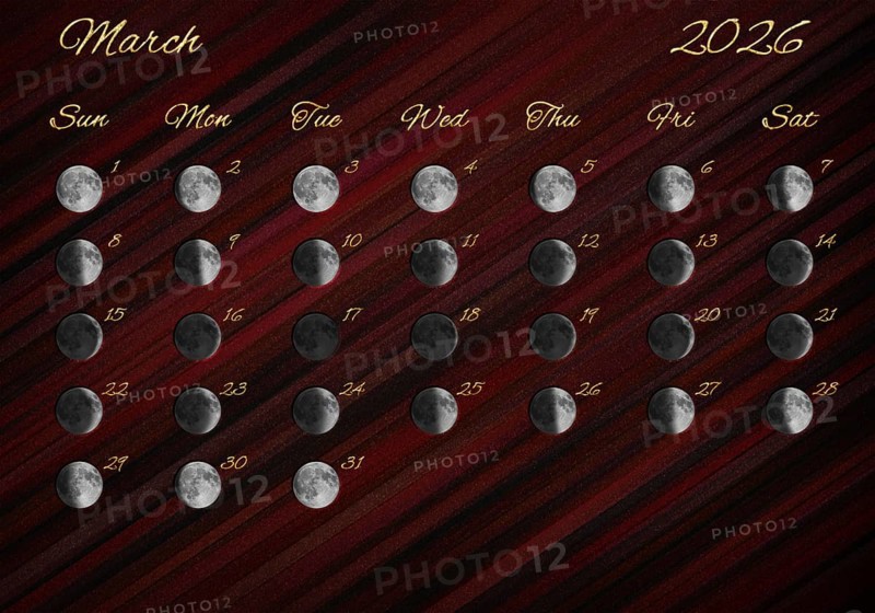 Moon Phases Calendar, March 2026 Red