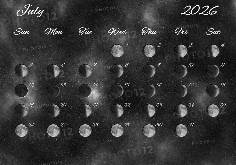 Moon Phases Calendar, July 2026 Space Background