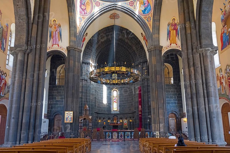 Magnificent church interior with stained glass windows, works of art and a radiant altar area, Church of the Holy Saviour, Church of the Saviour, Gyumri, Gyumri, Shirak Province, Armenia