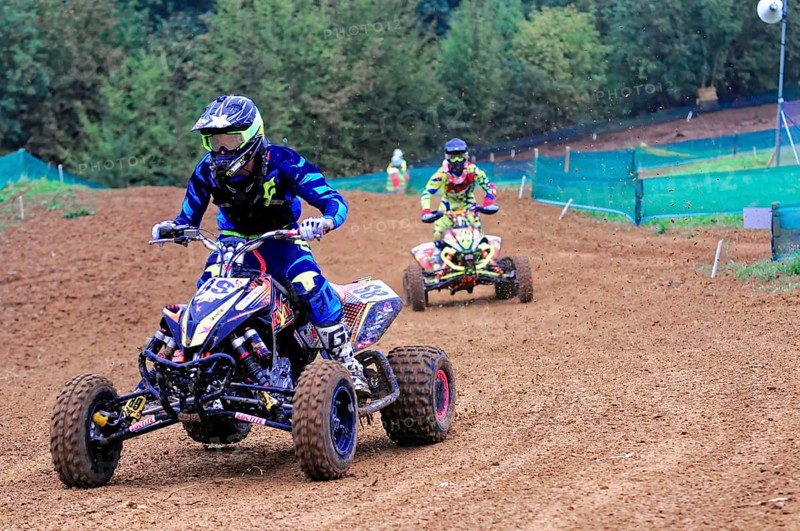 Motocross, Rudersberg, Baden-Württemberg, Germany, Europe, Two quad riders in full action during an off-road race on muddy ground, Rudersberg Motocross