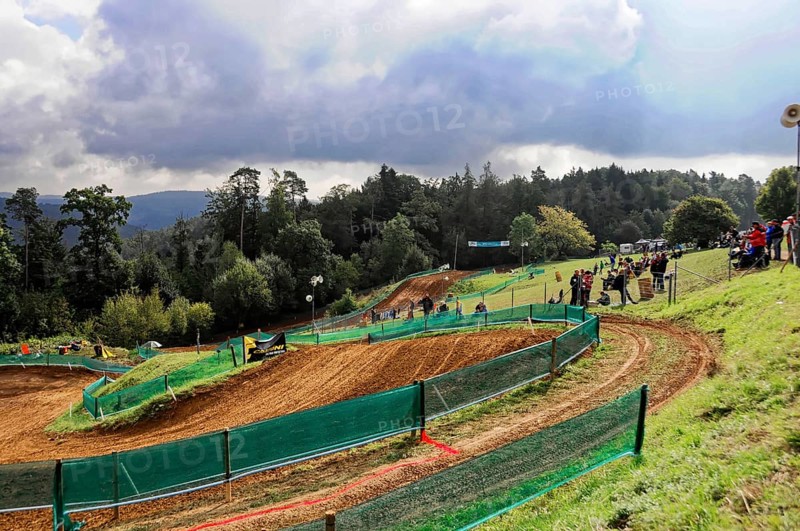 Motocross, Rudersberg, Baden-Württemberg, Germany, Europe, A winding race track in hilly terrain under a cloudy sky with spectators, Rudersberg Motocross