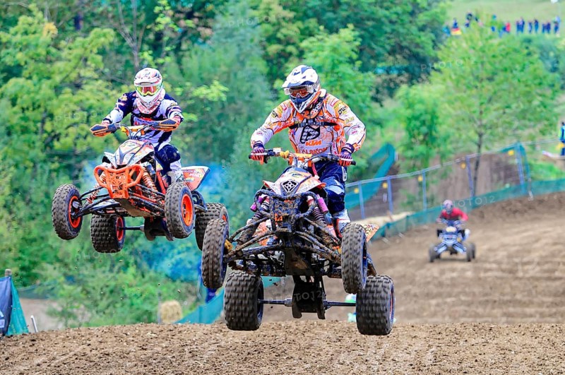 Motocross, Rudersberg, Baden-Württemberg, Germany, Europe, Two quad bikers jump side by side over a track in a sporting competition, Rudersberg motocross