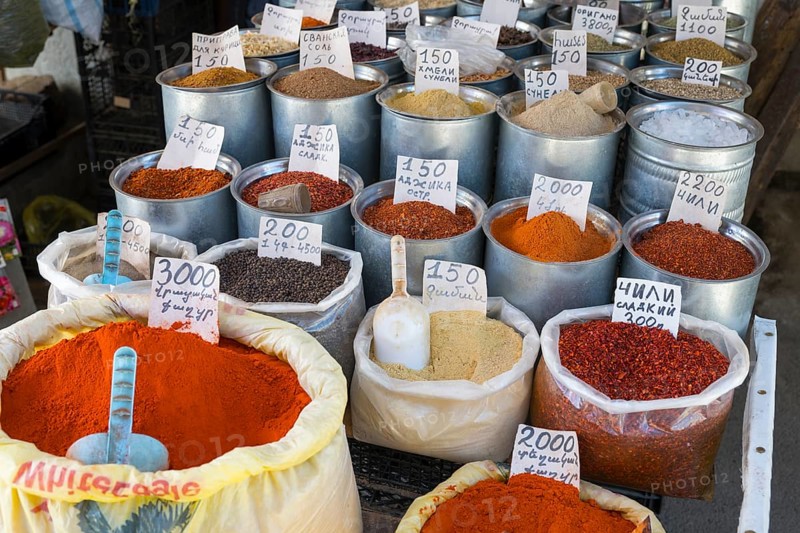 Various spices in metal containers and bags with price tags at a market, Gyumri, Gyumri, Gyumri, Shirak province, Armenia