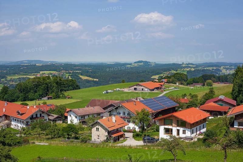 Residential building and view of the Chiemgau, Samerberg, Chiemgau, Upper Bavaria, Bavaria, Germany