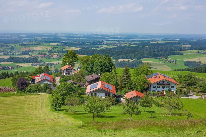Residential building and view of the Chiemgau, Samerberg, Chiemgau, Upper Bavaria, Bavaria, Germany