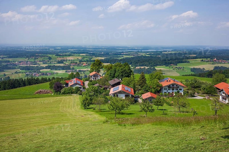 Residential building and view of the Chiemgau, Samerberg, Chiemgau, Upper Bavaria, Bavaria, Germany