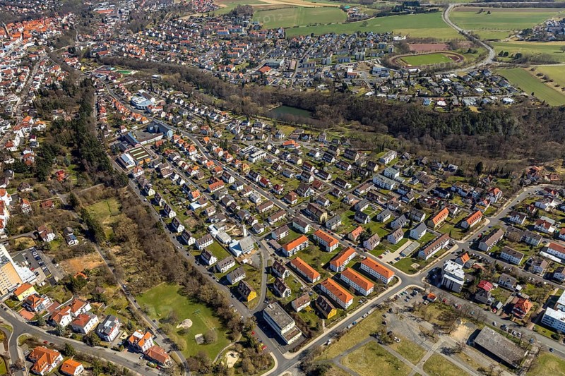 Aerial view, district and residential area at Stresemannstraße, in Bad Wildungen in Hesse. Bad Wildungen, spa centre and state bath in the district of Waldeck-Frankenberg, North Hesse, Hesse, Germany, Bad Wildungen, DEU, Europe, birds-eyes view, aerial view, aerial photography, aerial photography, overview, overview, bird's eye view