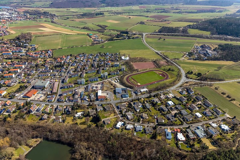 Aerial view, sports stadium on Odershäuser Straße, football pitch, sports field in Bad Wildungen in Hesse. Bad Wildungen, spa centre and state bath in the district of Waldeck-Frankenberg, North Hesse, Hesse, Germany, Bad Wildungen, DEU, Europe, birds-eyes view, aerial view, aerial photography, aerial photography, overview, overview, bird's eye view