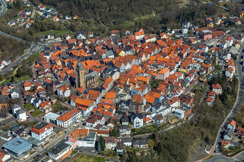 Aerial view, town centre of Wildungen with Protestant church on the town hill, in Bad Wildungen in Hesse. Bad Wildungen, spa centre and state bath in the district of Waldeck-Frankenberg, North Hesse, Hesse, Germany, Bad Wildungen, DEU, Europe, birds-eyes view, aerial view, aerial photography, aerial photography, overview, bird's eye view, half-timbered houses