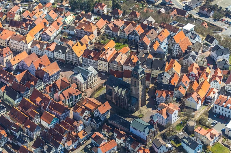 Aerial view, town centre of Wildungen with Protestant church on the town hill, in Bad Wildungen in Hesse. Bad Wildungen, spa centre and state bath in the district of Waldeck-Frankenberg, North Hesse, Hesse, Germany, Bad Wildungen, DEU, Europe, birds-eyes view, aerial view, aerial photography, aerial photography, overview, bird's eye view