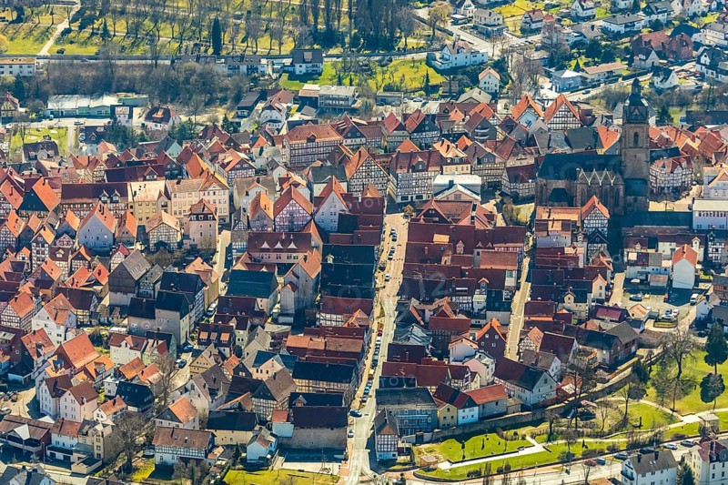 Aerial view, town centre of Wildungen with Protestant church on the town hill, in Bad Wildungen in Hesse. Bad Wildungen, spa centre and state bath in the district of Waldeck-Frankenberg, North Hesse, Hesse, Germany, Bad Wildungen, DEU, Europe, birds-eyes view, aerial view, aerial photography, aerial photography, overview, bird's eye view