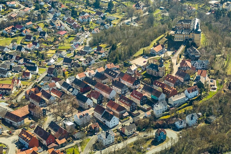 Aerial view, Altwildungen with Friedrichstein Castle in Bad Wildungen in Hesse. Bad Wildungen, spa centre and state bath in the district of Waldeck-Frankenberg, North Hesse, Hesse, Germany, Bad Wildungen, DEU, Europe, birds-eyes view, aerial view, aerial photography, aerial photography, overview, overview, bird's eye view, Friedrichstein Castle is a baroque castle, castle hill, Bad Wildung, district of Altwildungen