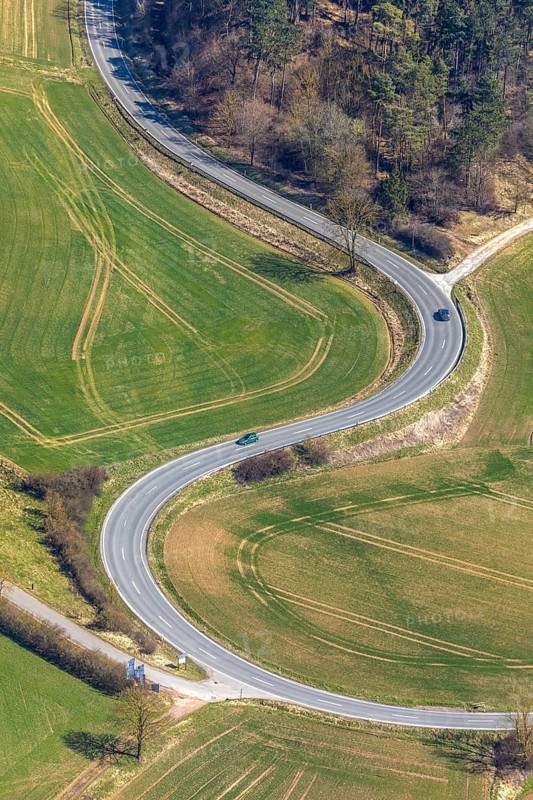 Aerial view, street curves, motorbike route Kasseler Straße L3080, in Volkmarsen, district Waldeck-Frankenberg, Hesse, Germany, Volkmarsen, DEU, Europe, birds-eyes view, aerial photography, aerial photography, aerial photography, overview, bird's eye view
