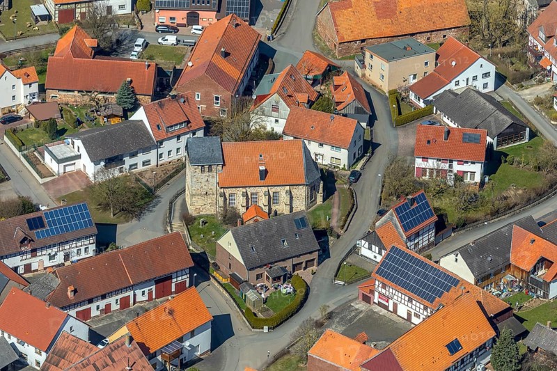 Aerial view, Meineringhausen in Korbach, parish Korbach-Meinering hausen, church Meineringhausen. District town Korbach, district Waldeck-Frankenberg in Hesse, Germany, Europe, birds-eyes view, aerial view, aerial photography, aerial photography, overview, bird's eye view