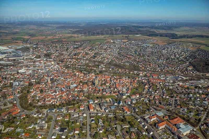 Aerial view, view from south to the historical city centre of Korbach with Kiliankirche in Korbach. District town Korbach, district Waldeck-Frankenberg in Hesse, Germany, district town Korbach, Europe, birds-eyes view, aerial view, aerial photography, aerial photography, overview, bird's eye view
