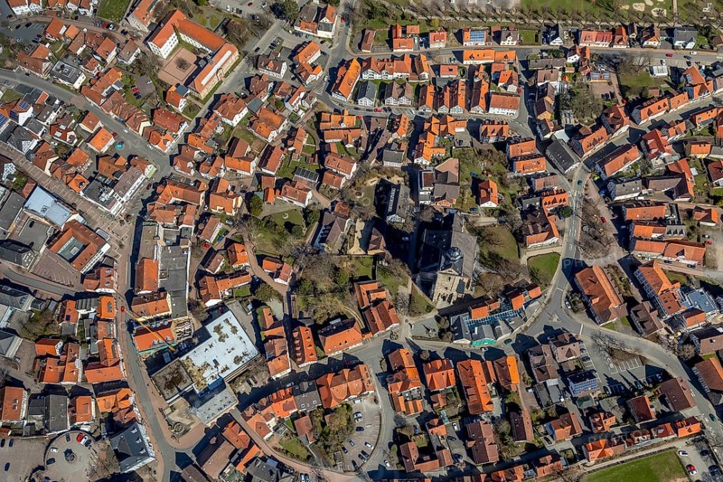 Aerial view, Kilianskirche and Museum Korbach, historic old town in Korbach. district town Korbach, district Waldeck-Frankenberg in Hesse, Germany, district town Korbach, Europe, birds-eyes view, aerial view, aerial photography, aerial photography, overview, bird's eye view