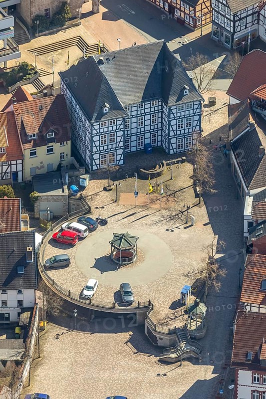 Aerial view, Stadtbücherei Korbach Oberstraße near Altes Rathaus Korbach in Korbach. district town Korbach, district Waldeck-Frankenberg in Hesse, Germany, district town Korbach, Europe, birds-eyes view, aerial view, aerial photography, aerial photography, overview, bird's eye view