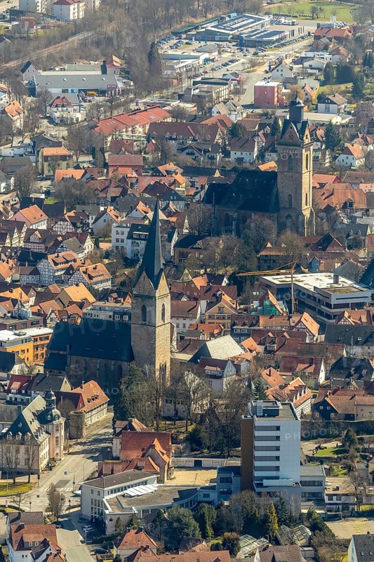 Aerial view, Sparkasse Korbach, Nikolaikirche and Kilianskirche in Korbach. district town Korbach, district Waldeck-Frankenberg in Hesse, Germany, district town Korbach, Europe, birds-eyes view, aerial view, aerial photography, aerial photography, overview, bird's eye view