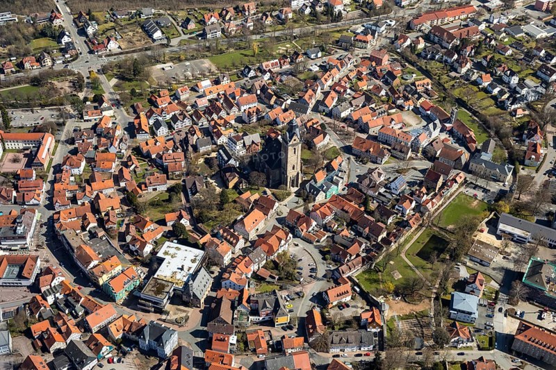Aerial view, Historic old town of Korbach with Kilianskirche in Korbach. District town Korbach, district Waldeck-Frankenberg in Hesse, Germany, district town Korbach, Europe, birds-eyes view, aerial view, aerial photography, aerial photography, overview, bird's eye view
