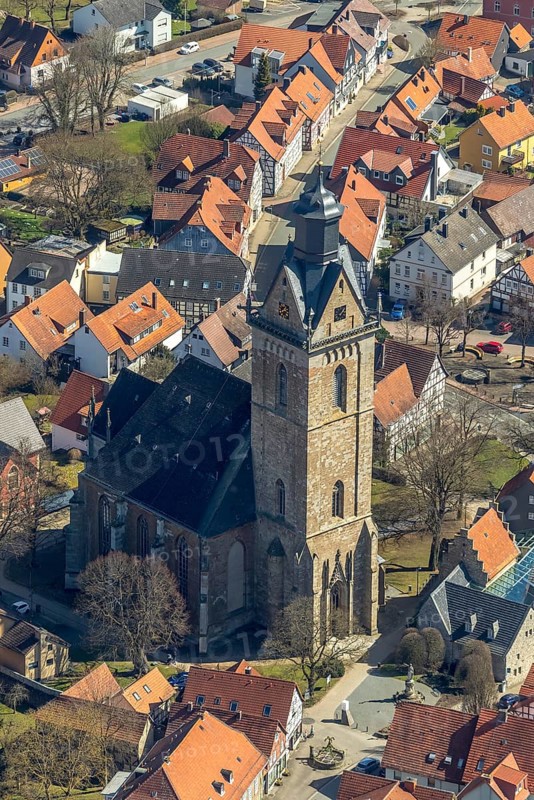 Aerial view, Historic old town of Korbach with Kilianskirche in Korbach. District town Korbach, district Waldeck-Frankenberg in Hesse, Germany, district town Korbach, Europe, birds-eyes view, aerial view, aerial photography, aerial photography, overview, bird's eye view