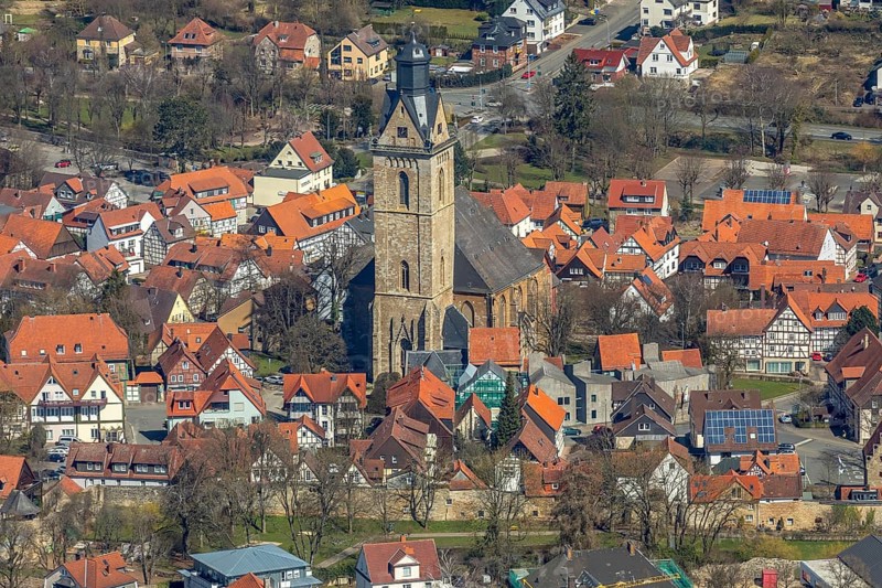 Aerial view, parish church St Kilian in Korbach.Kilianskirche, district town Korbach, district Waldeck-Frankenberg in Hesse, Germany, Europe, birds-eyes view, aerial view, aerial photography, aerial photography, overview, bird's eye view