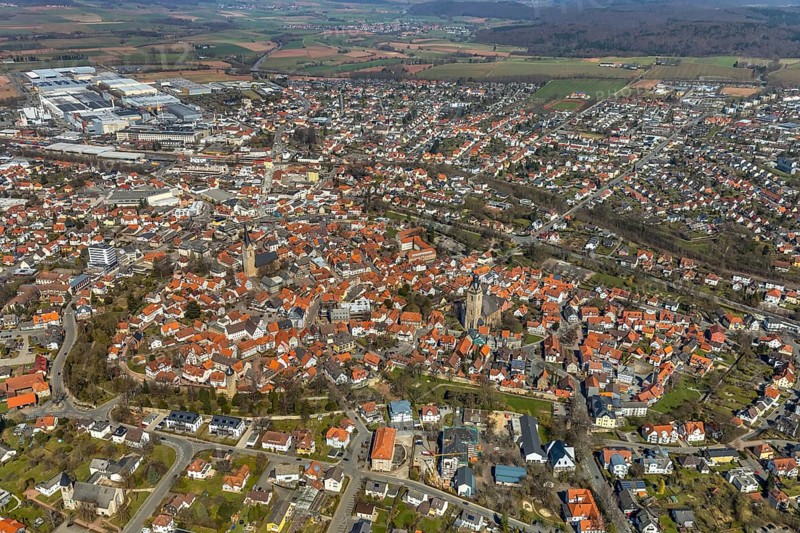 Aerial view, view of the hostoric city centre with St Kilianskirche and St Nikolai church in Korbach. district town Korbach, district Waldeck-Frankenberg in Hesse, Germany, district town Korbach, Europe, birds-eyes view, aerial view, aerial photography, aerial photography, overview, bird's eye view