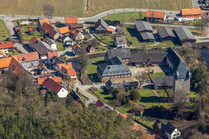 Aerial view, Nordenbeck in Korbach with former manor house of the castle and the former moated castle Nordenbeck, Burg Nordenbeck. District town Korbach, district Waldeck-Frankenberg in Hesse, Germany, Europe, birds-eyes view, aerial view, aerial photography, aerial photography, overview, bird's eye view