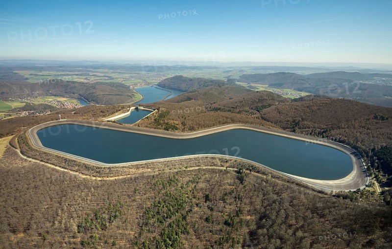 Aerial view, Edertal reservoir, hydro battery, energy storage, Affoldern in Edertal, Waldeck-Frankenberg district in North Hesse, Hesse, Germany, Edertal, DEU, Europe, birds-eyes view, aerial view, aerial photography, aerial photography, overview, bird's eye view