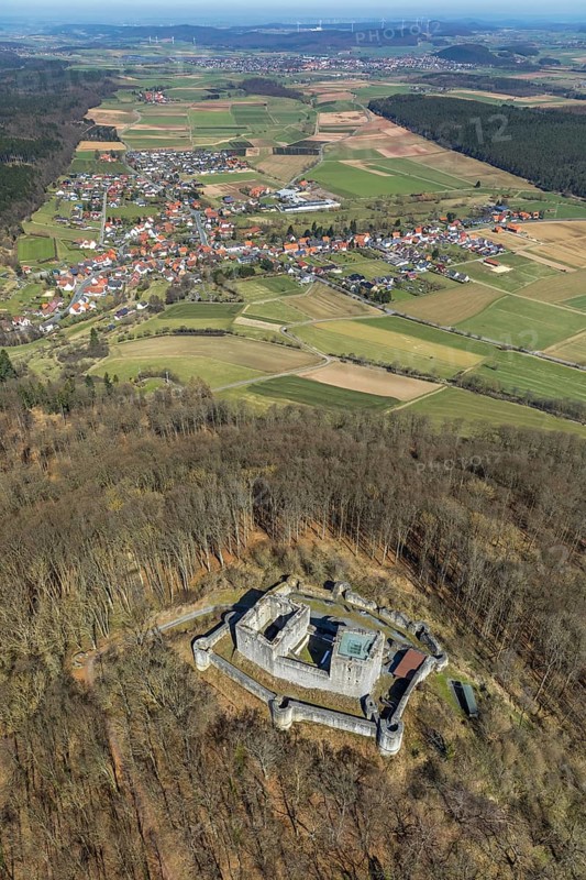 Aerial view, Weidelsburg is the ruin of a hilltop castle near Ippinghausen in Wolfhagen, Naturparks Habichtswald, Ippinghausen in the district of Kassel, Hesse, Germany, Wolfhagen, DEU, Europe, birds-eyes view, aerial photography, aerial photography, overview, bird's eye view