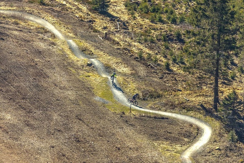 Aerial view, downhill biking, BMX downhill, biking, from Ettelsberg, in Willingen in Hesse. Willingen (Upland), district Waldeck-Frankenberg in Hesse, Hesse, Germany, Willingen (Upland), DEU, Europe, birds-eyes view, aerial photography, aerial photography, overview, overview, bird's eye view