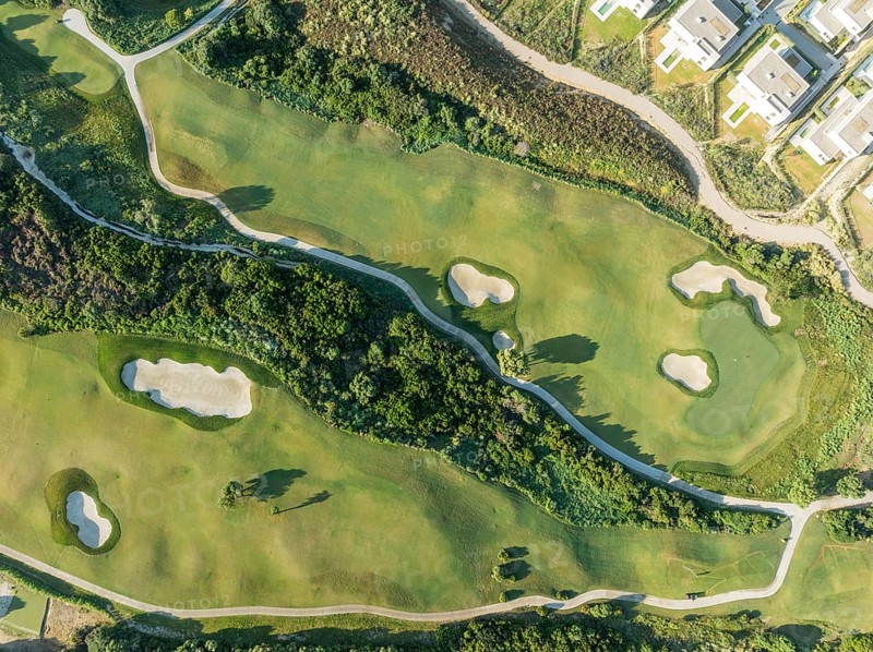 Partial view of the La Hacienda Links Golf Resort and the Fairmont La Hacienda hotel. Aerial view. Drone shot. Cádiz province, Andalusia, Spain