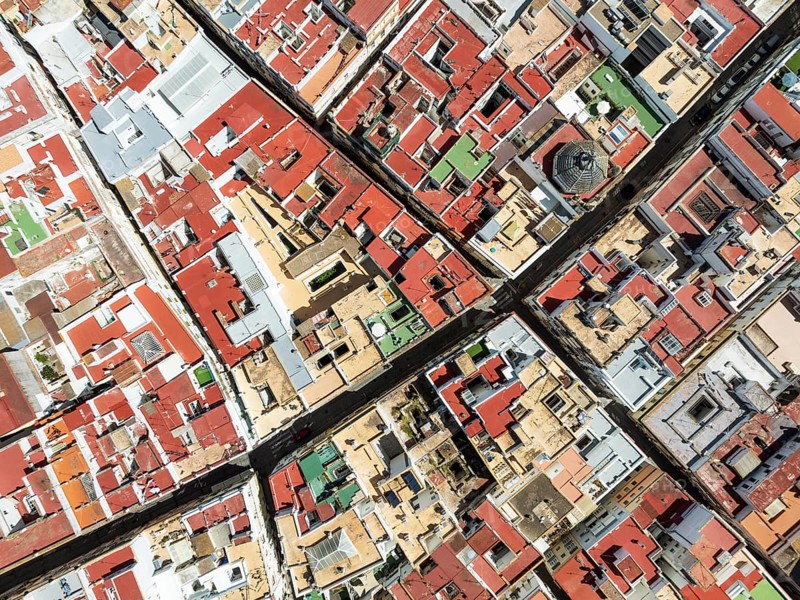 Streets and rooftops in the town of Cádiz. Aerial view. Drone shot. Cádiz province, Andalusia, Spain