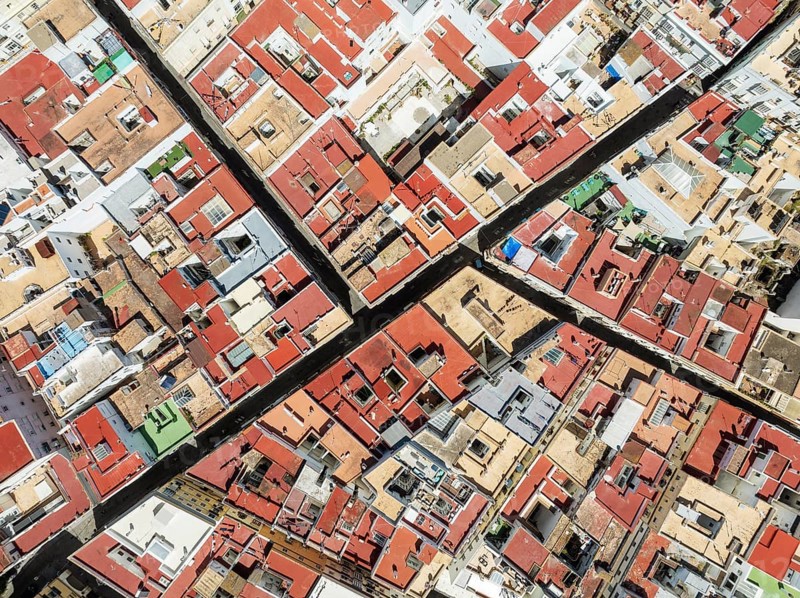 Streets and rooftops in the town of Cádiz. Aerial view. Drone shot. Cádiz province, Andalusia, Spain