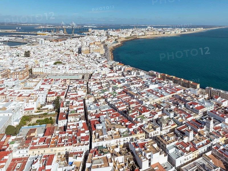 The town of Cádiz with the old quarter in the foreground. Aerial view. Drone shot. Cádiz province, Andalusia, Spain