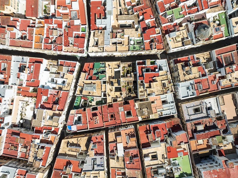 Streets and rooftops in the town of Cádiz. Aerial view. Drone shot. Cádiz province, Andalusia, Spain
