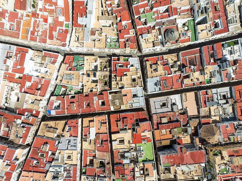 Streets and rooftops in the town of Cádiz. Aerial view. Drone shot. Cádiz province, Andalusia, Spain