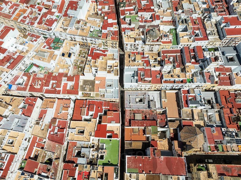 Streets and rooftops in the town of Cádiz. Aerial view. Drone shot. Cádiz province, Andalusia, Spain