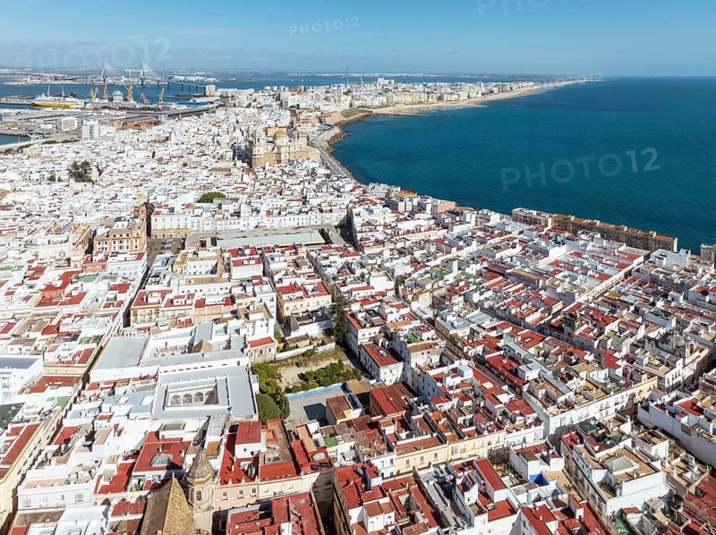 The town of Cádiz with the old quarter in the foreground. Aerial view. Drone shot. Cádiz province, Andalusia, Spain