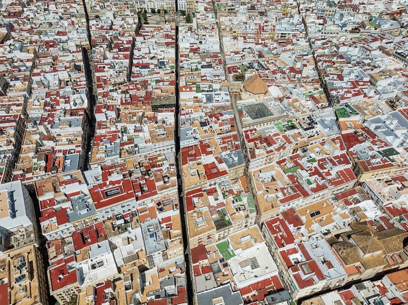 Streets and rooftops in the town of Cádiz. Aerial view. Drone shot. Cádiz province, Andalusia, Spain