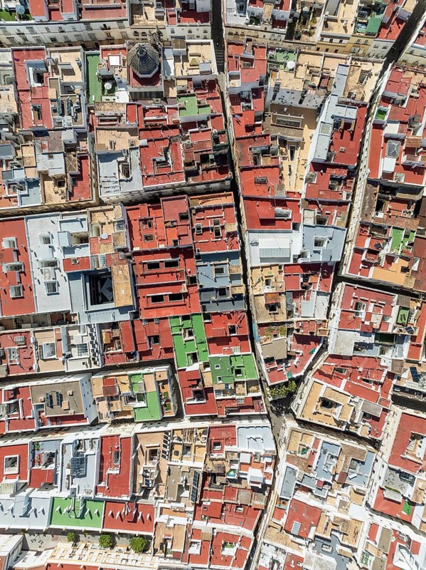 Streets and rooftops in the town of Cádiz. Aerial view. Drone shot. Cádiz province, Andalusia, Spain