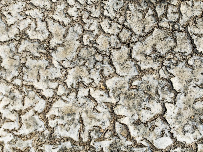 Dried mud in the marshland of the Bahía de Cádiz Nature Reserve. Aerial view. Drone shot. Cádiz province, Andalusia, Spain