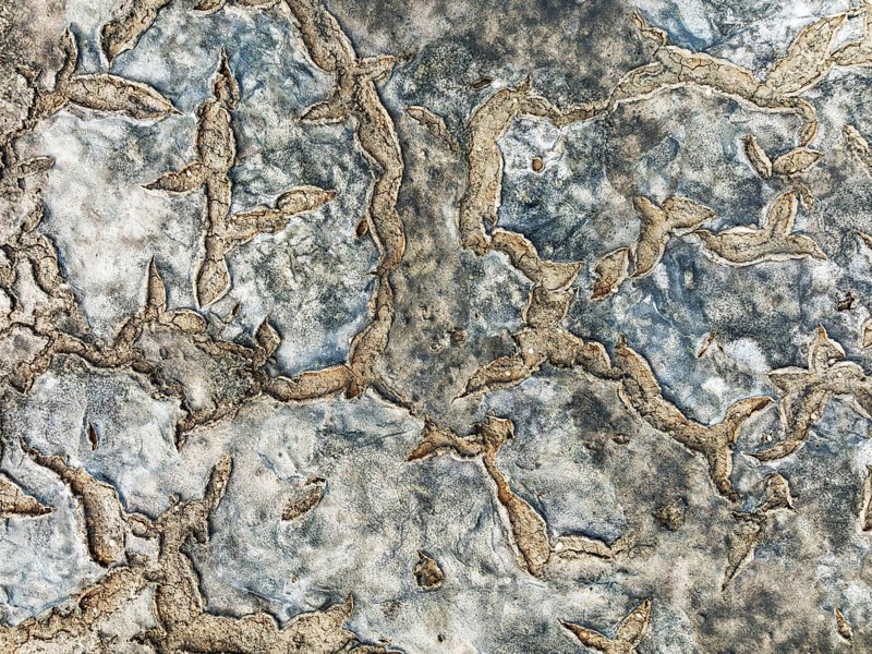 Dried mud in the marshland of the Bahía de Cádiz Nature Reserve. Aerial view. Drone shot. Cádiz province, Andalusia, Spain