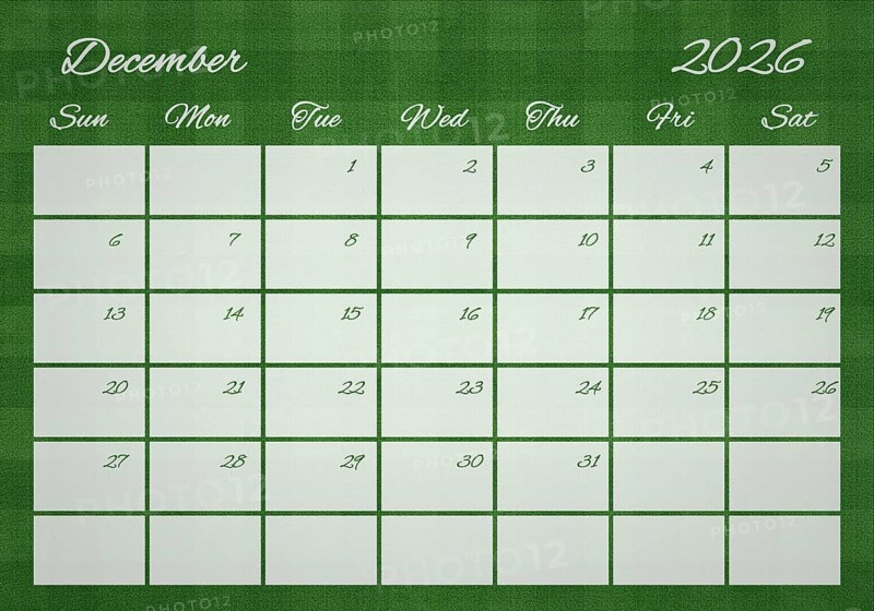 Printable Wall Calendar, December 2026 on Football Field