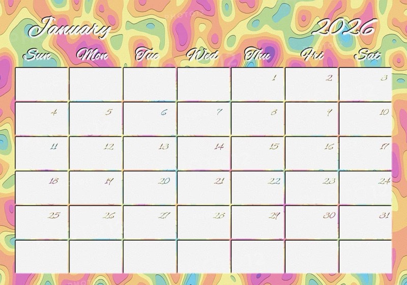 Printable Wall Calendar, January 2026 Colorful