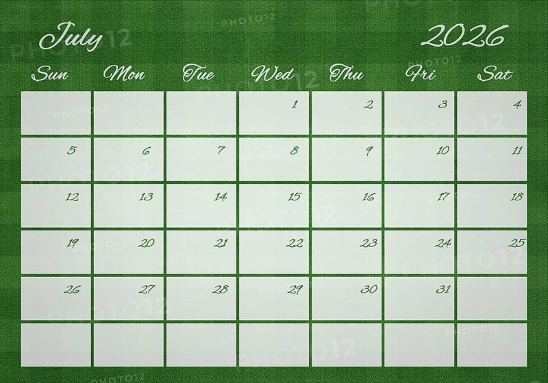 Printable Wall Calendar, July 2026 on Football Field