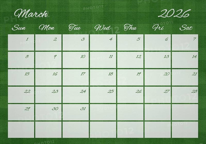 Printable Wall Calendar, March 2026 on Football Field