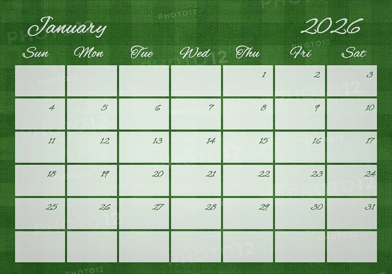 Printable Wall Calendar, January 2026 on Football Field