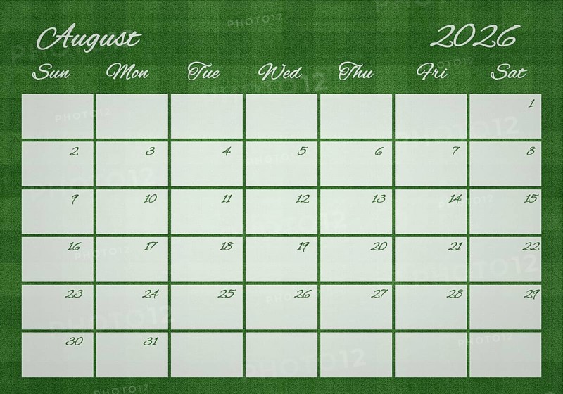 Printable Wall Calendar, August 2026 on Football Field