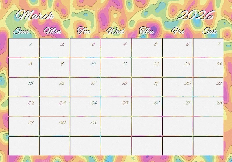 Printable Wall Calendar, March 2026 Colorful