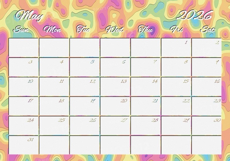 Printable Wall Calendar, May 2026 Colorful